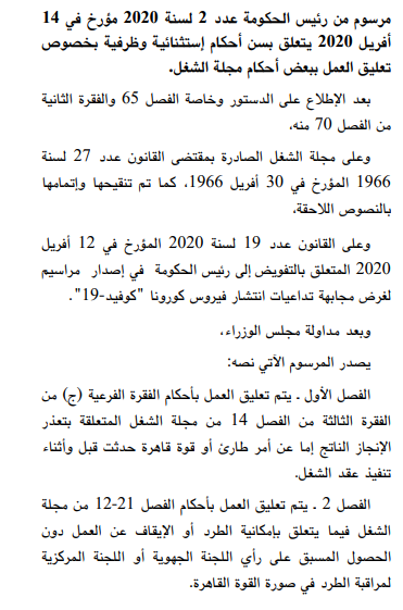 تعليق العمل ببعض أحكام مجلة الشغل